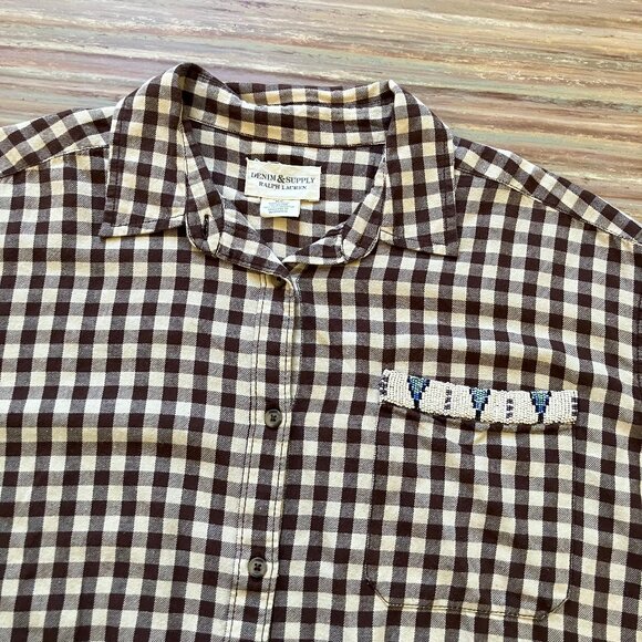 Denim & Supply Brown Plaid Short Sleeve Shirt Beaded Pocket Women's Medium Top - Picture 4 of 7